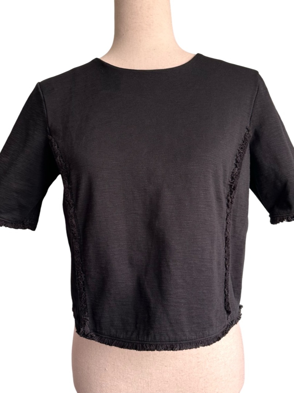 Banana Republic Black Crepe Short Sleeve Fringe-Trim Cropped Top Small EUC